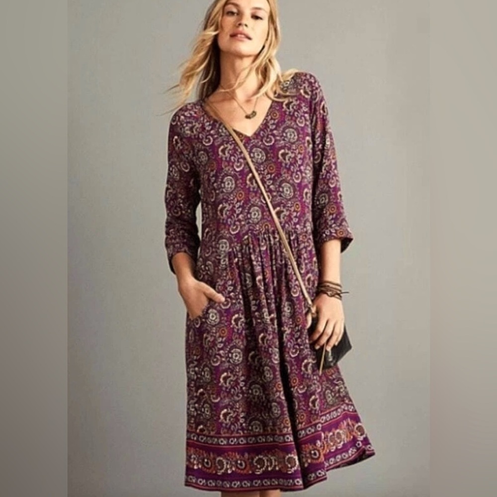 Garnet Hill Boho Floral Pocket Lined Midi Dress Sz 4 V-Neck inPurple Black color